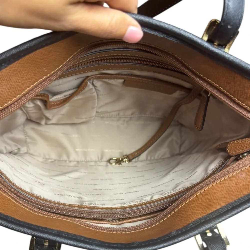 Michael Kors Jet Set Medium Saffiano Leather Colorblock Tote Bag Brown & Black